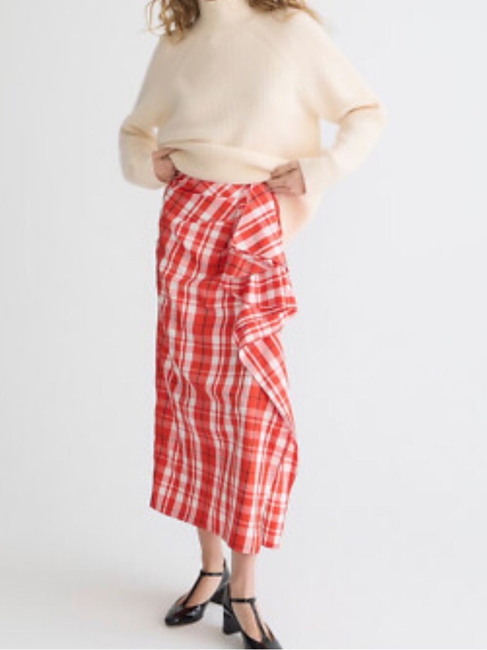 J. Crew Collection NWOT Long Ruffle Skirt in Red White Plaid Size 2